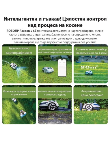 Косачка робот RoboUp Racoon 2 SE, 600 кв.м., 18V, 5 Ah, 20 см, подарък резервни ножчета 24 бр