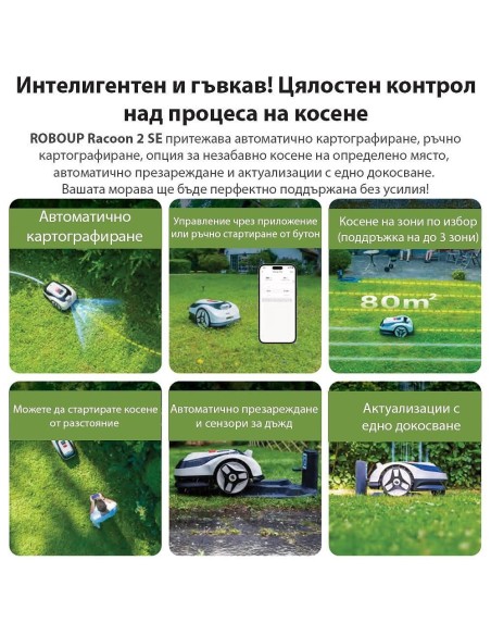 Косачка робот RoboUp Racoon 2 SE, 600 кв.м., 18V, 5 Ah, 20 см, подарък резервни ножчета 24 бр